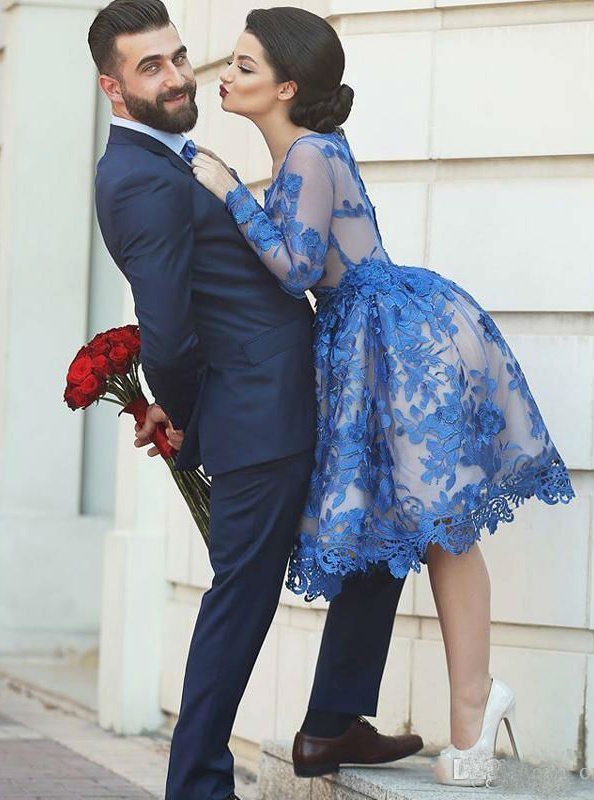2019 Royal Blue Lace Applique Short Prom Dresses Illusion Long Sleeve Cocktail Party Dresses Knee Length Homecoming Prom Gowns vestidos