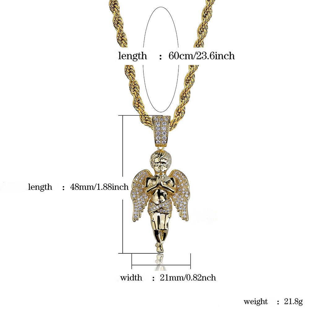 Hip Hop Prayer Angel Pendant Necklace Shining Full Diamond Stone Stainless Steel Bling Charm Pendants Jewelry