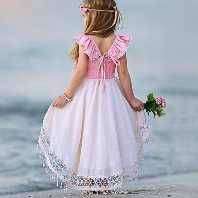 2019 Summer Kids Baby Girl Hollow Lace Unique Short Front Long Back Dress Girl Princess Ruffle Suspender Backless Tail Party Dresses B11