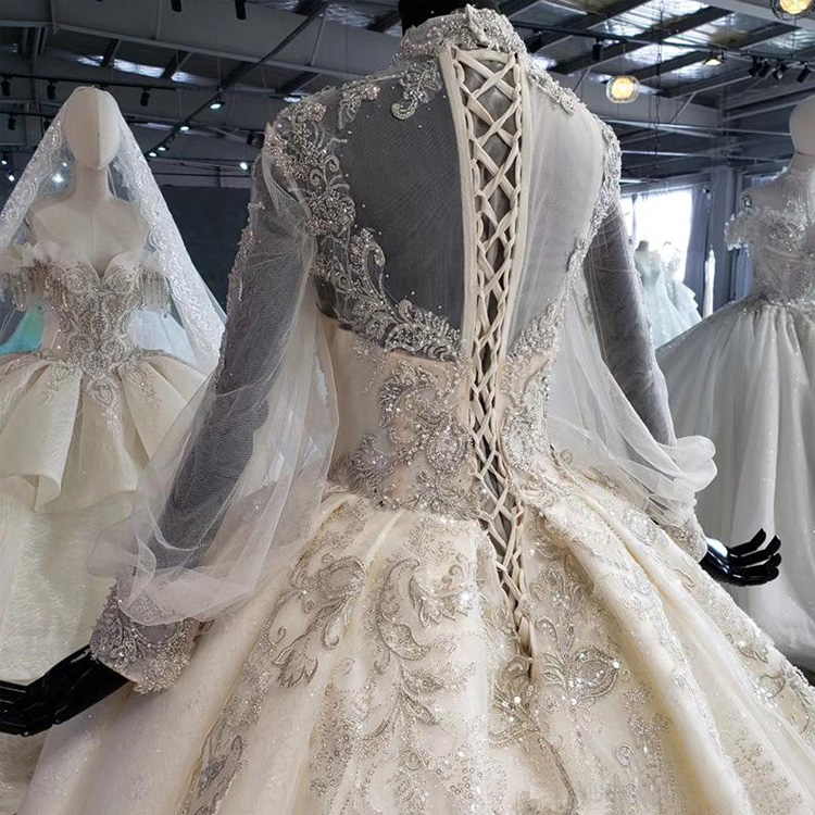 luxury ball gown wedding dressses beading high neck laceup back pearl crystal sequins lace appliques wedding dresses vestidos de novia