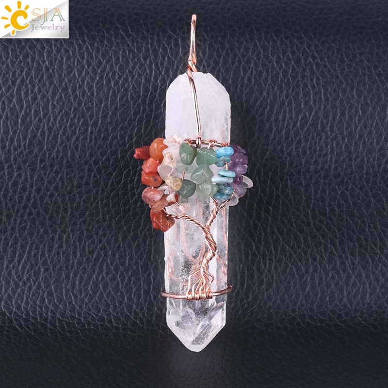 Natural White Crystal Big Pendant Reiki Chakra Tree of Life Rose Gold Color Handmade Wire Wrapped Pendant for Necklace