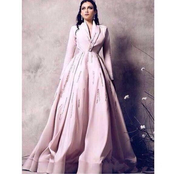 Yousef Aljasmi Pink Dresses Evening Wear 2019 Modest A Line Prom Dress with Long Sleeve V Neck Sparkly Bead Dubai Arabic Occasion Gowns