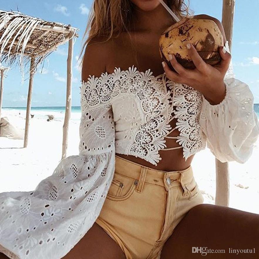 2020 Sexy Hollow Out Lacing up Bandaged Long Sleeve Square Neck Shirt Slim Princess Short Blouse Crop Cotton Exposed Navel Tops
