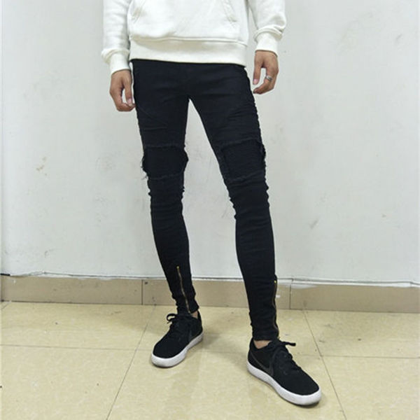 Men's Jeans Biker Knee Protection Designer Black Men Casual Male Trousers Skinny Motorcycle High Quality Side Pants