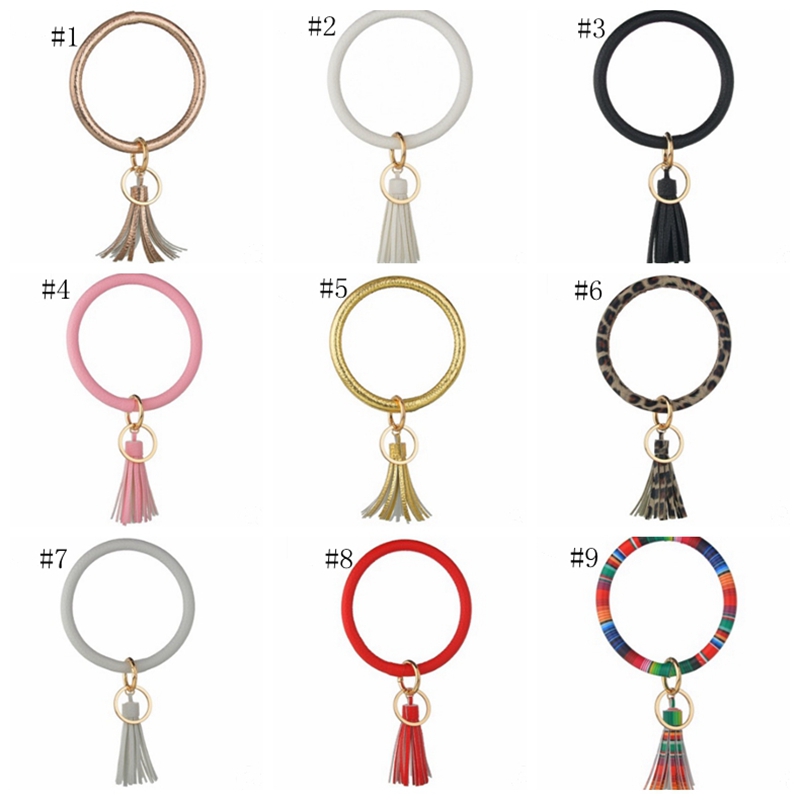 Bangle Keychain Bracelet Leather Tassel Bracelet Large Circle Key Ring Holder Wristlet Keyring Women Girls Fashion Jewelry 20pcs DW4555