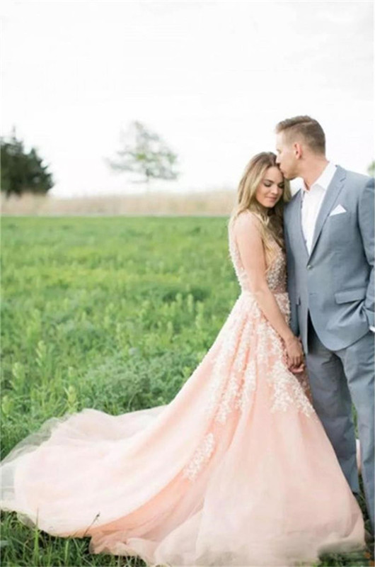 Vintage Blush Pink Tulle Boho Wedding Dresses Deep V-Neck Lace Appliques Western Country Bridal Gowns Plus Size robe mariee sirene