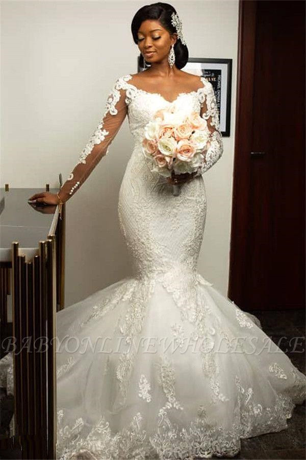 Illusion Long Sleeve Mermaid Wedding Dresses 2020 Vestido De Novia Jewel Neck Lace Applique Trumpet African Bridal Wedding Gown
