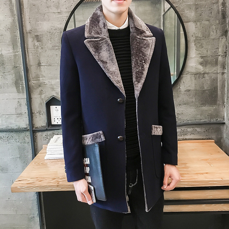 Fur Collar Trench Coat Men Wool Blend Winter Coat Slim Fit Men Manteau Homme Mid-Long Black Grey Mens Trench Coat Blue S~5XL CJ191212
