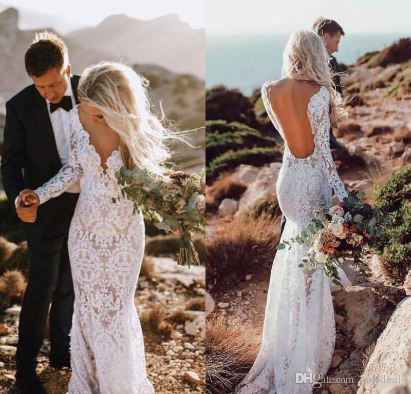 Long Vintage Lace Sleeve Mermaid Dresses Sexy Deep V Neck Backless Wedding Dress Sweep Train Boho Bridal Gowns