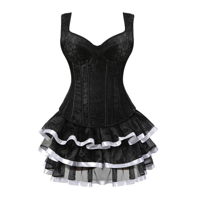 Women Corset Vest Skirt Set Retro Steampunk Side Zipper Halterneck Jacquard Overbust Bustier with Layered Mini Skirt Plus Size S-6XL