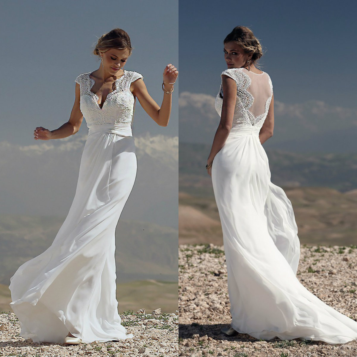 Chic Mermaid Dresses V Neck Cap Sleeve Sweep Train Chiffon Bohemian Wedding Dress Custom Plus Size Beach Bridal Gowns