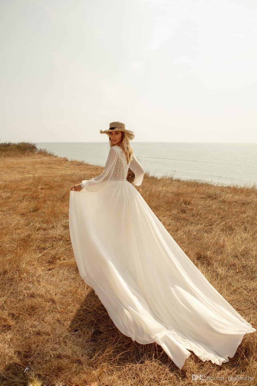 bohemian long sleeve wedding dresses lace appliqued chiffon v neck bridal gown boho a line wedding dress robes de marie
