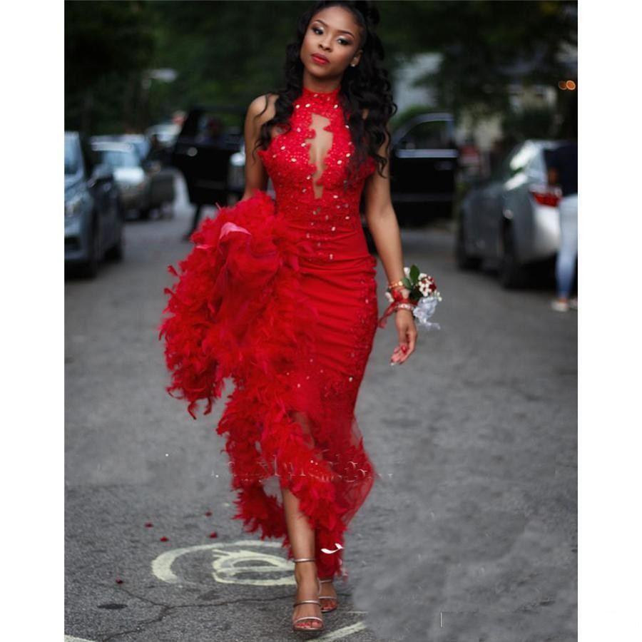Dubai Prom New Dresses Mermaid High Neck Keyhole Red Lace Appliques Beads Feathers Open Back Sheer Skirts Formal Evening Party Dress