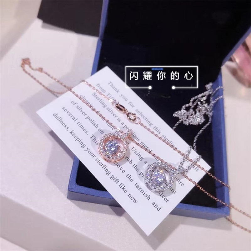 Sterg Sier & Rose Gold Clavicle Necklace with White Topaz CZ Dia Dancing Pendant for Women - Gift Box Included