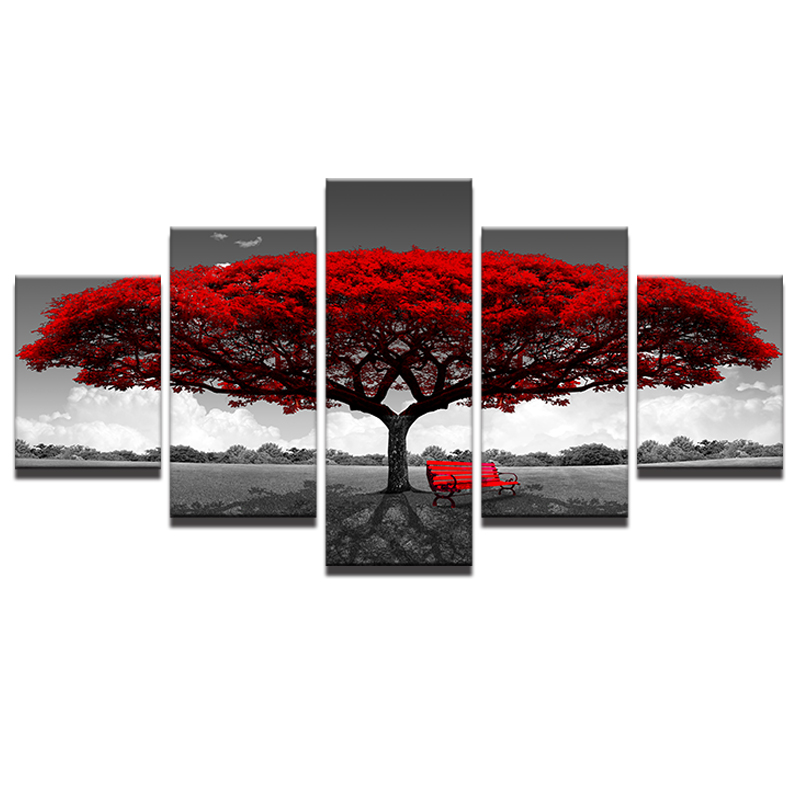 Modular Canvas HD Prints Posters Home Decor Wall Art Pictures 5 Pieces Red Tree Art Scenery Landscape Paintings No Framed
