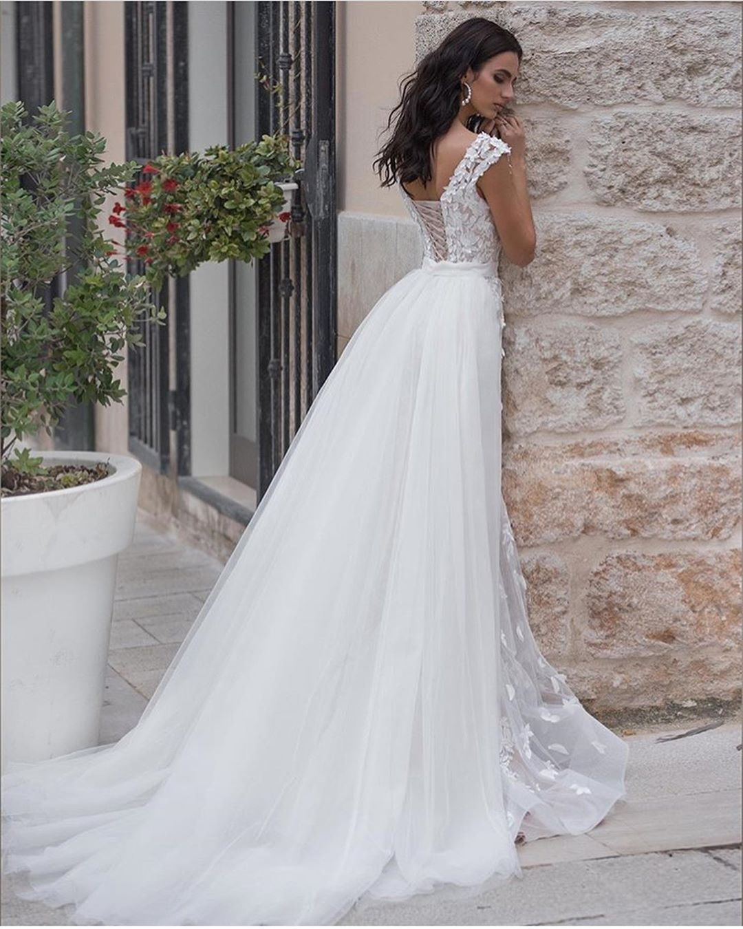 Mermaid Lace Fashion Wedding Dresses With Detachable Train Beaded Sheer V Neck Bridal Gowns Tulle Trumpet Robe De Marie