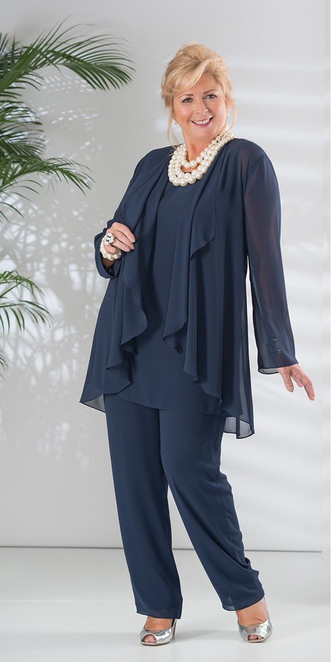 Plus Size Mother Of The Bride Pant Suits Elegant Navy Chiffon Long Sleeve Boho Wedding Guest Outfit Pant Trouses Modern Women Formal Groom Mom Evening