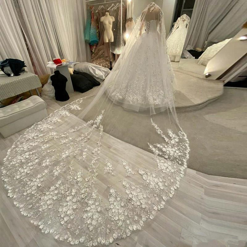 White Ivory Cathedral Length Birdcage Veils Appliqued 3m Long Face Cover Bridal Wedding Veils With Free Comb 2020