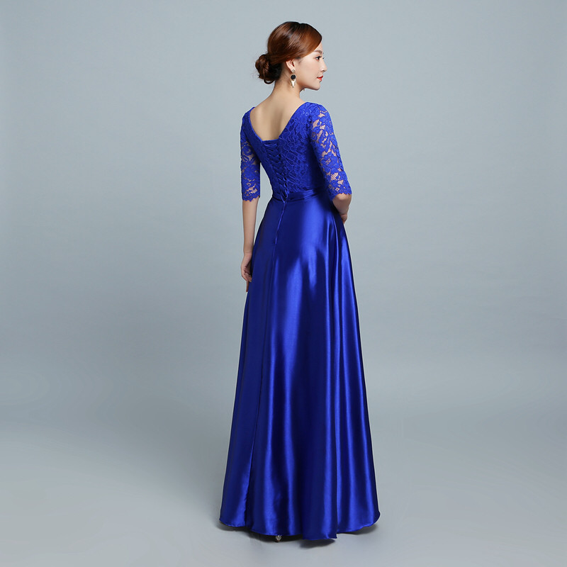 Scoop Neck Lace Satin Evening Dresses Long Royal Blue Burgundy 2020 Floor Length Bridesmaid Dress Abendkleider