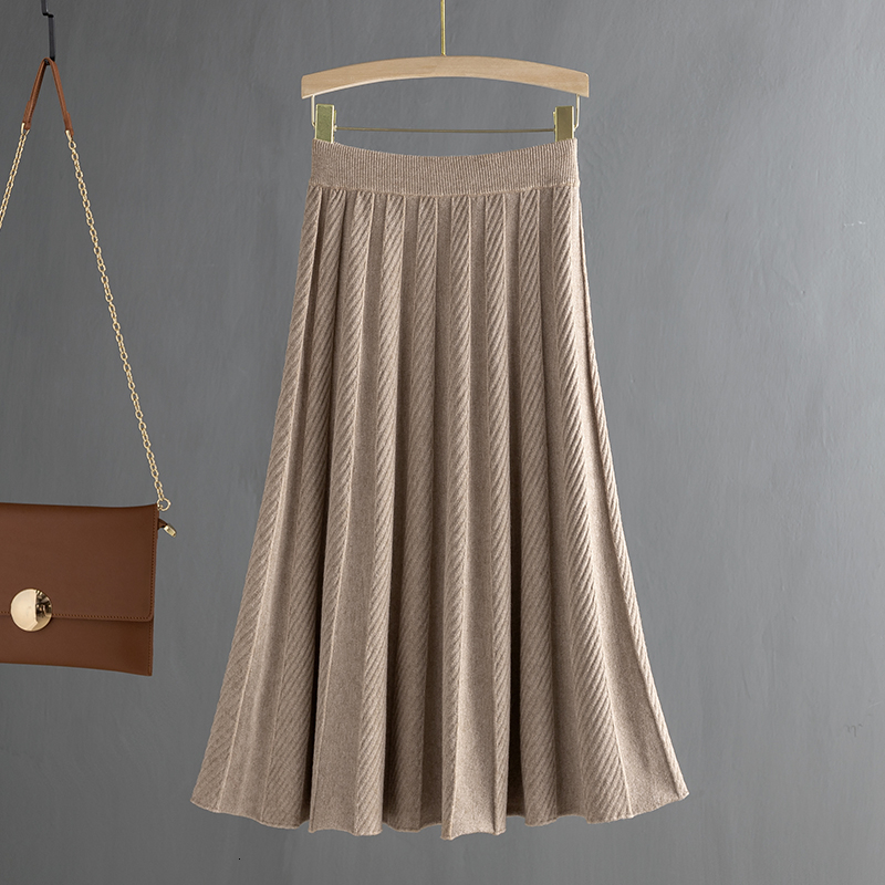 GIGOGOU Thick Warm Women Pleated Autumn Winter Elastic High Waist Knitted Sweater Skirts Long A Line Midi Black Skirt V191111
