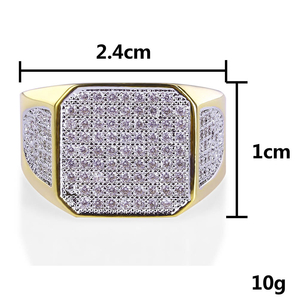 Personalized 18K Gold Plated White CZ Zirconia Rectangle Rings Diamond Hip Hop Punk Jewelry Gifts for Men & Women 10mm Size 7-11 Wholesale