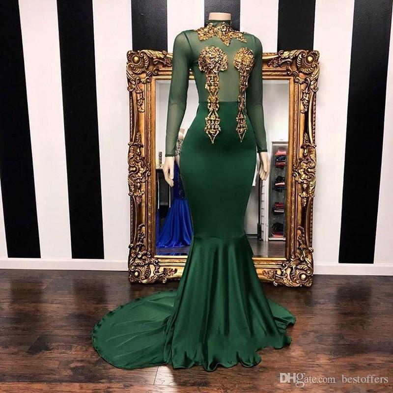 Dark Green Mermaid Prom Dresses With Gold Applique Lace 2019 High Neck Long Sleeve Custom Made Evening Gowns For Black Girls Graduation, Hunter
Dark Green Mermaid Prom Dresses With Gold Applique Lace 2019 High Neck Long Sleeve Custom Made Evening Gowns For Black Girls Graduation, Hunter