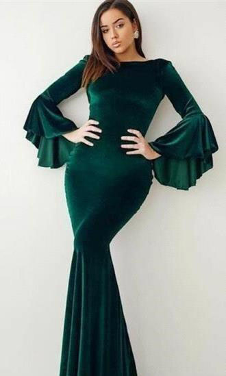 2019 Velvet Dark Green Evening Dress Elegant Arabic Dubai Flare Long Sleeves Holiday Women Wear Formal Party Prom Gown Custom Made Plus Size