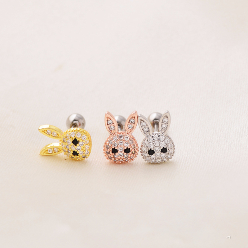 Bling Zircon Cute Rabbit Animal Screwback Stud Earring Ear Bone Nail Jewelry No Fading No Allergies Safe Sleeping Without Picking