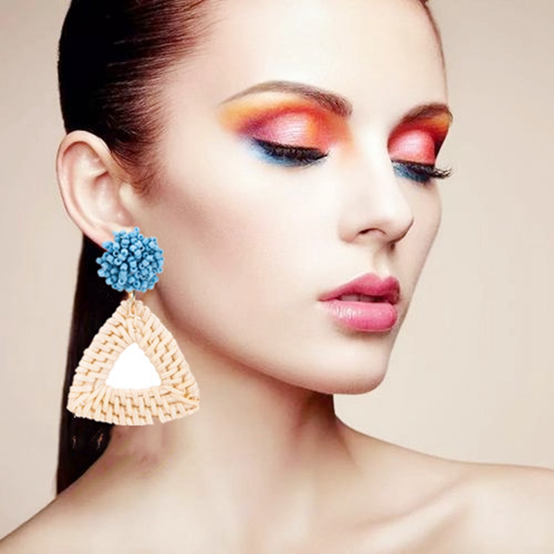 Handmade rattan woven square wool ball women's ladies earrings geometric metal plated earrings vintage jewelry jewelry