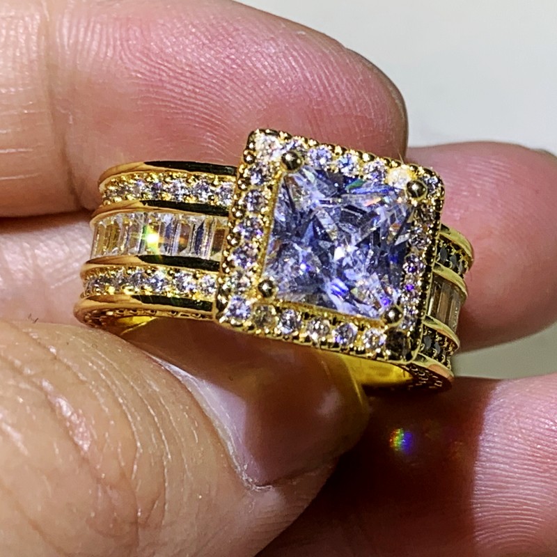 Rulalei Sparkling Jewelry Sterling Sier&Gold Fill Princess Cut White Topaz CZ Dia Gemstones Women Wedding Band Ring Gift