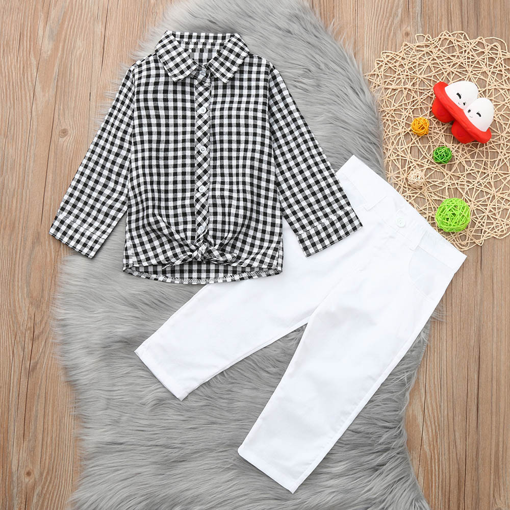 Kids clothes girls Clothing Set 2PCs Baby Outfits Clothes Plaid T-shirt Blouse Tops Long Pants Set roupas menina