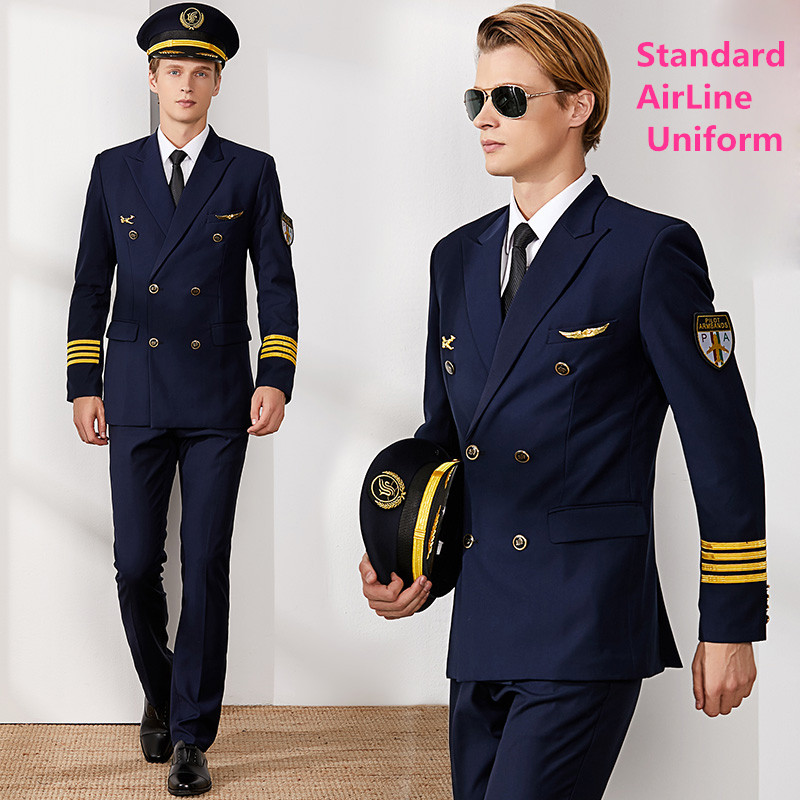 Air Captain Uniform Male Pilot Airline Uniform Coat Professional Suits Hat + Jacket + Pants aviation Property Workwear Flight Clothing
