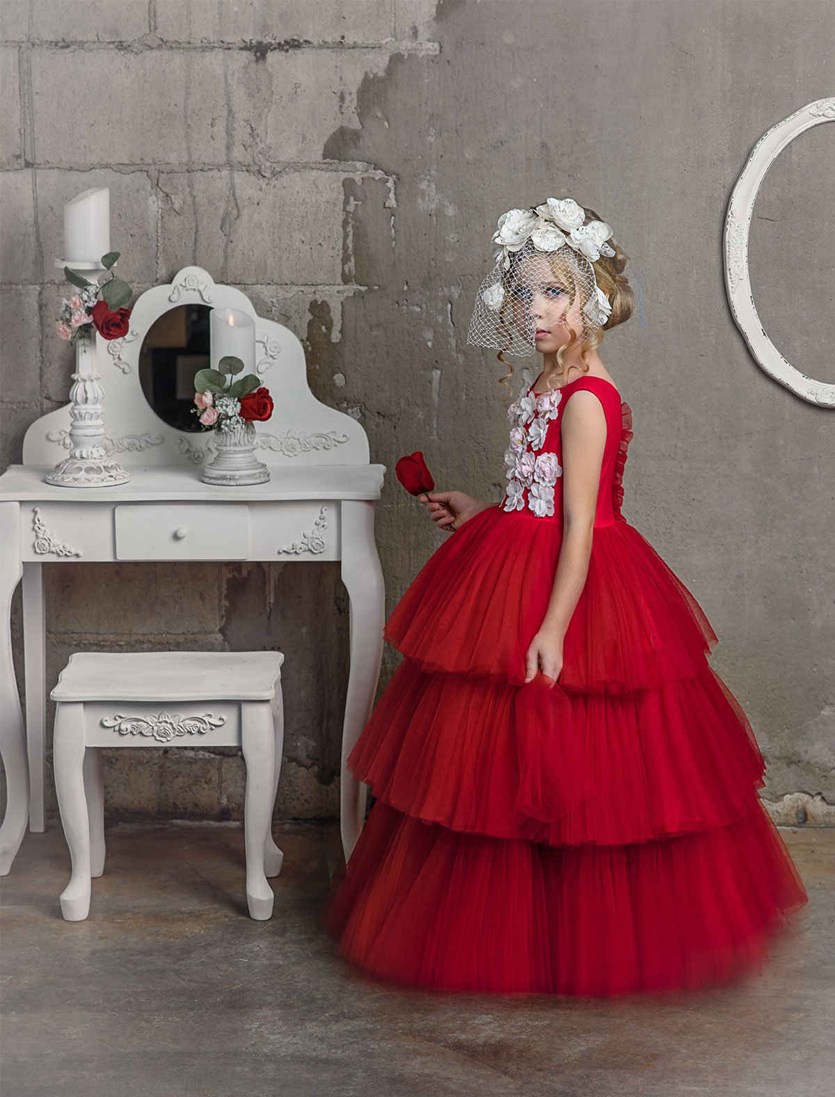 Dollcake Flower Girl Dresses Tulle Lace 3D Floral Appliqued A Line Red Girls Pageant Dress Custom Made Tiered Skirts Cute Kids Formal Gown