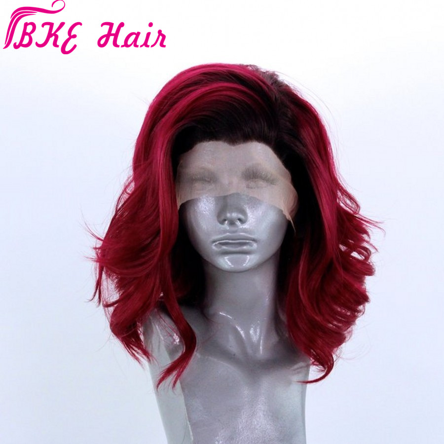 Free shipping Short Bob Glueless 13*3 synthetic Lace Front Ombre red Color for women 150 Density Brazilian wavy Wigs Pre Plucked
