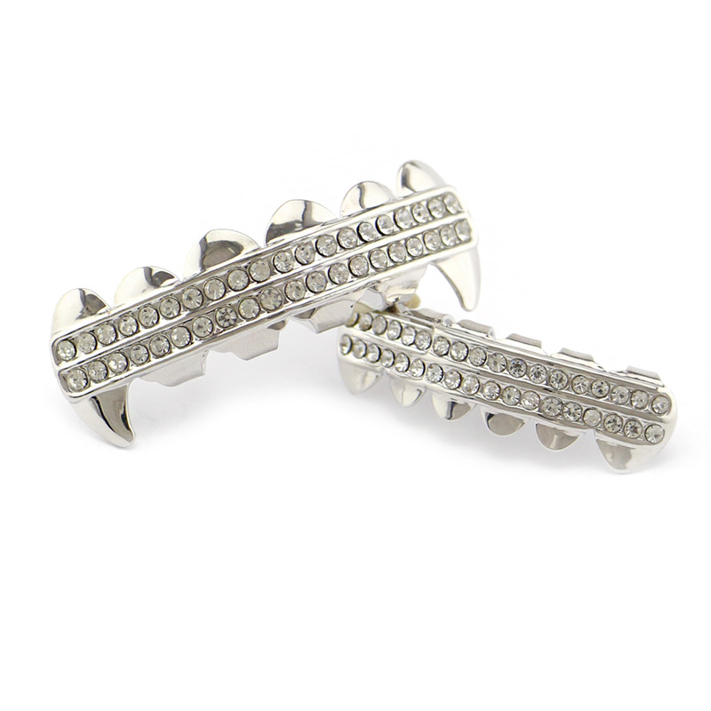 Punk Gold Teeth Grillz 2 Row Iced Out Grills Dental Hip Hop Vampire Fangs Teeth Caps Halloween Party Body Jewelry