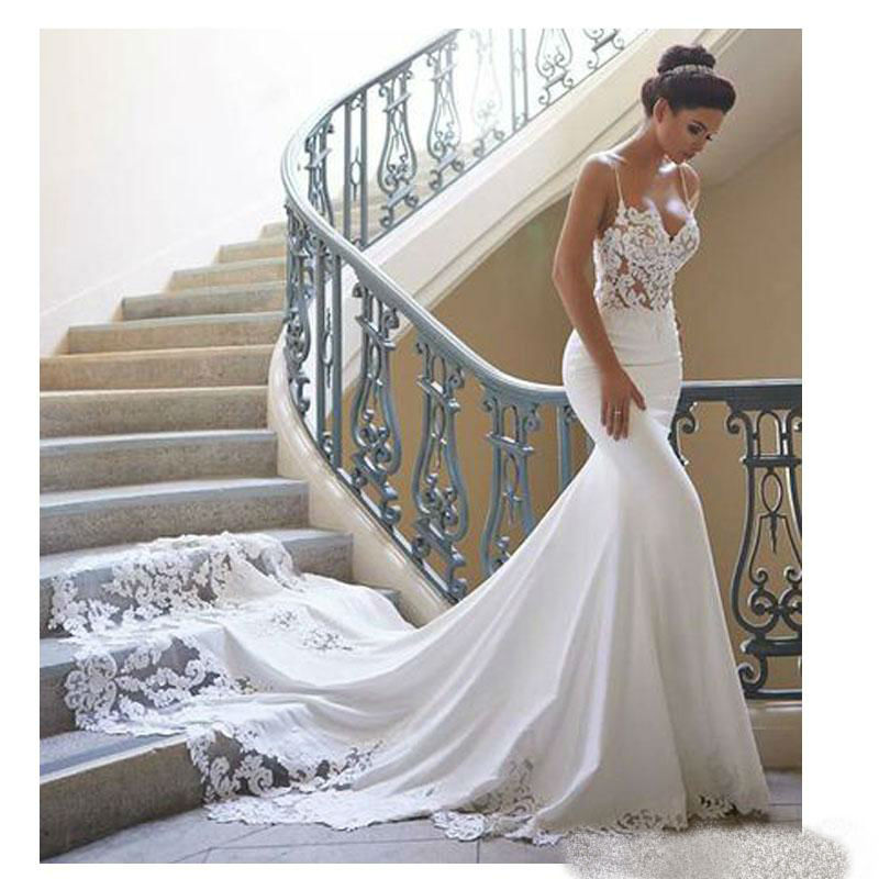 spaghetti mermaid wedding dresses sleeveless satin lace appliqued sweep train beach wedding dress robe de marie cheap bridal gowns