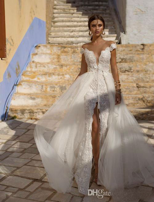 Lian Rokman Mermaid Wedding Dresses With Detachable Train 2019 Off Shoulder Thigh High Slits Lace Applique Beach Wedding Dress Bridal Gowns
