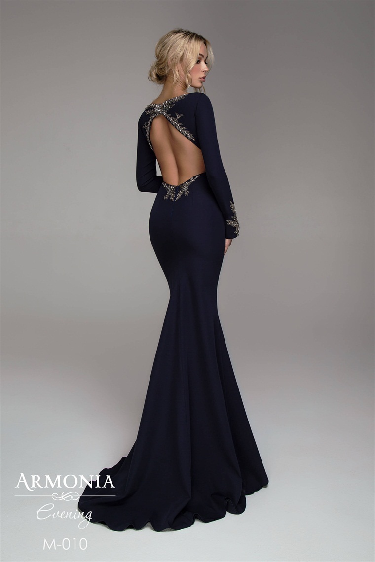 2020 Navy Mermaid Evening Dresses Scoop Neck Beaded Long Sleeves Prom Dress Backless Ruffle Sweep Train Custom Made Formal Party Gown