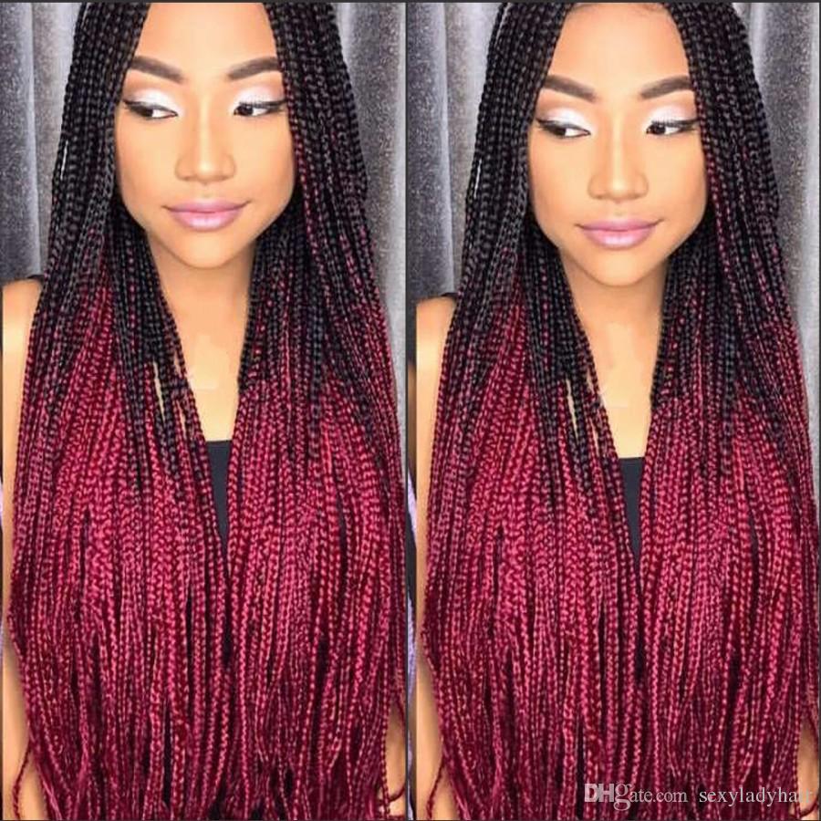 Long Ombre burgundy red Box Braided wig africa american women style brazilian hair full lace Front baby hair Wig with braid