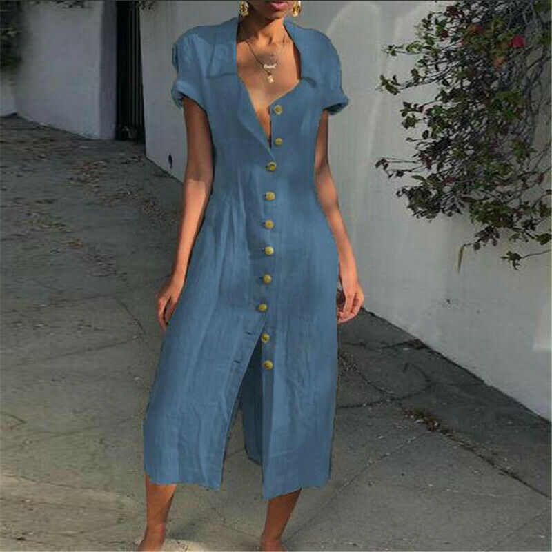 Fashion Women Summer Boho Long Shirt Dress Casual Maxi Evening Party Short Sleeve Beach Sundress Cotton Linen Elegante Dresses