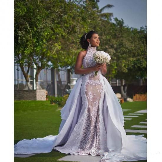 Plus Szie African Dresses with Detachable Train Modest High Neck Puffy Skirt Sima Brew Country Garden Royal Wedding Gown