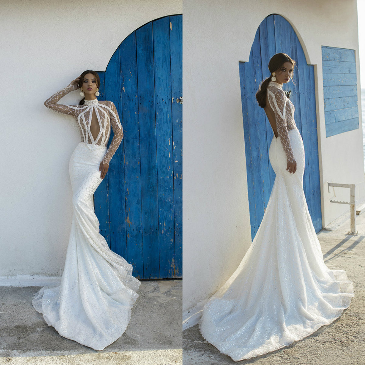 High Neck Mermaid Wedding Dresses Glitter Lace Illusion Sweep Train Hollow Back Beach Wedding Dress Plus Size Boho Bridal Gowns Long Sleeve