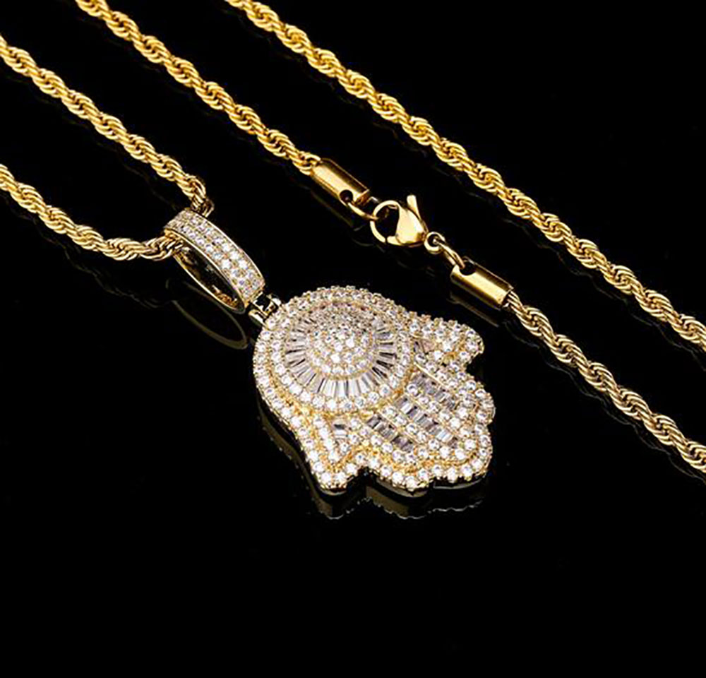 Iced Out Hand of Fatima Hamsa Pendant Necklace CZ Copper Top Quality Cubic Zircon Bling Bling For Men Women gifts