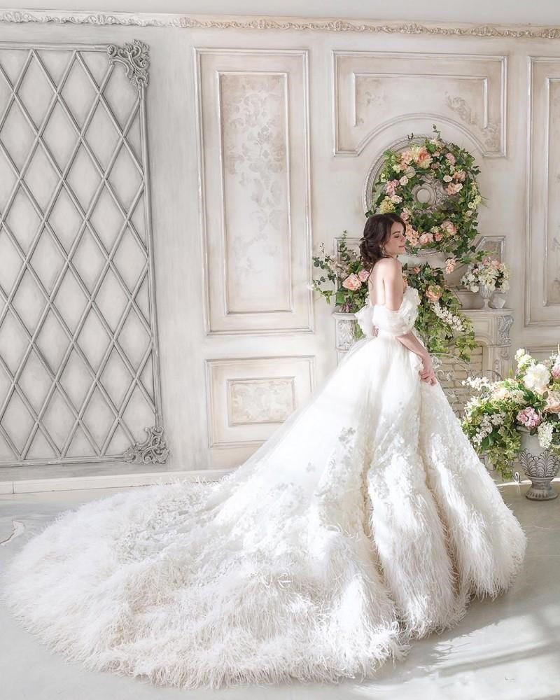 2019 New Lace Ball Gown Wedding Dresses Monique Lhuillier Off Shoulder Backless Bridal Gowns Sweep Train Long Appliqued Dress For Bride