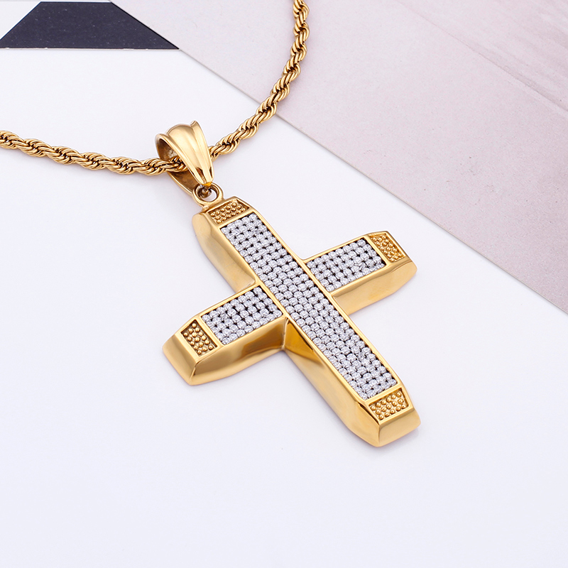 Men's Hip Hop Cross Pendants Necklace 316L Stainless Steel Full Cubic Zirconia Setting 18K Gold Plated Jewelry