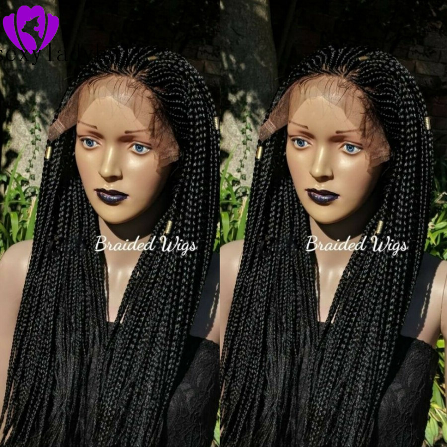 Synthetic lace front wig black/dark brown micro braided wig with for American women heat resistant fiber box braid wig glueless