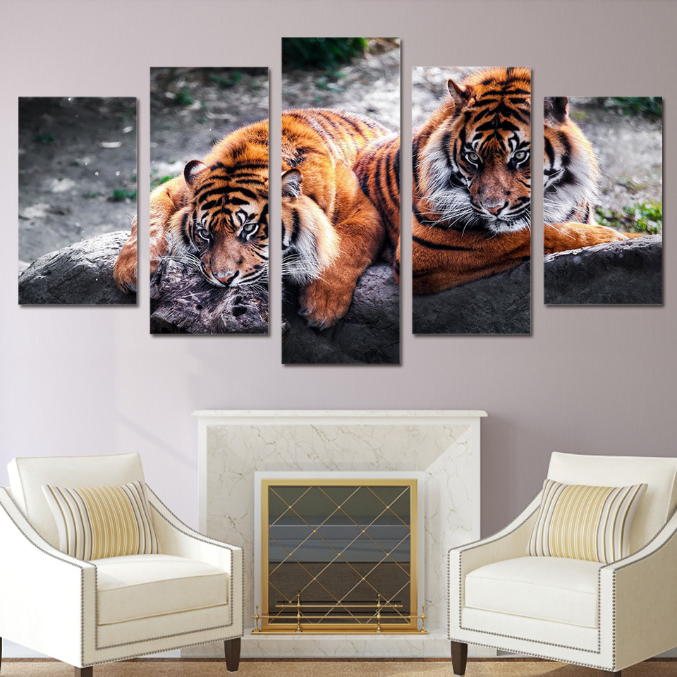 Wall Art Canvas Painting Style Wall Pictures 5 Panel Animal Two Tiger Landscape For Living Room Modern Decoration Paintings No Frame