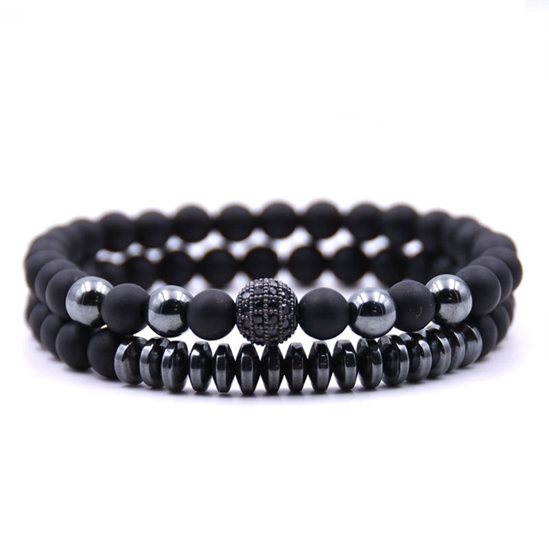 Two 6MM matte black agate micro-inlaid zircon bracelet for men and women couples from Reiki Healing Bracelet Gifts