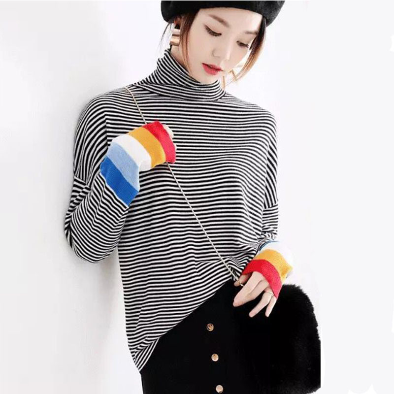 Women Sweaters Big Size Rainbow striped high-collar Sweater Wool Pullover Short Style Fall 2019 New Bottoming Knitted Sweater, Black
Women Sweaters Big Size Rainbow striped high-collar Sweater Wool Pullover Short Style Fall 2019 New Bottoming Knitted Sweater, Black