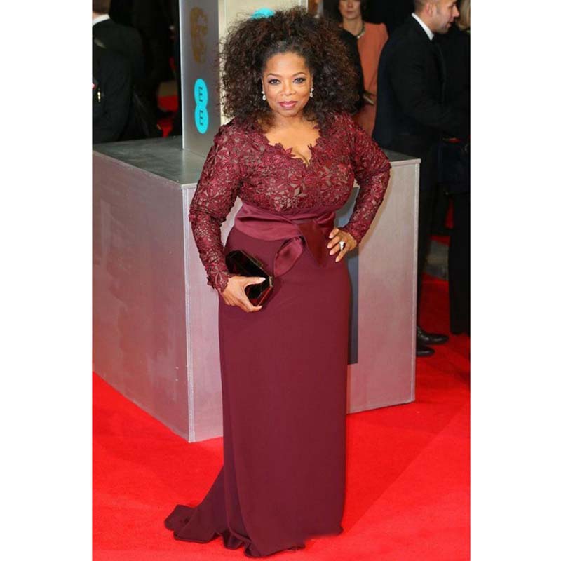 Red Carpet Plus Size Burgundy Evening Dresses Oprah Winfrey Sheath V-Neck Long Sleeve Lace Top Sweep Train Prom for Fat Women party gowns